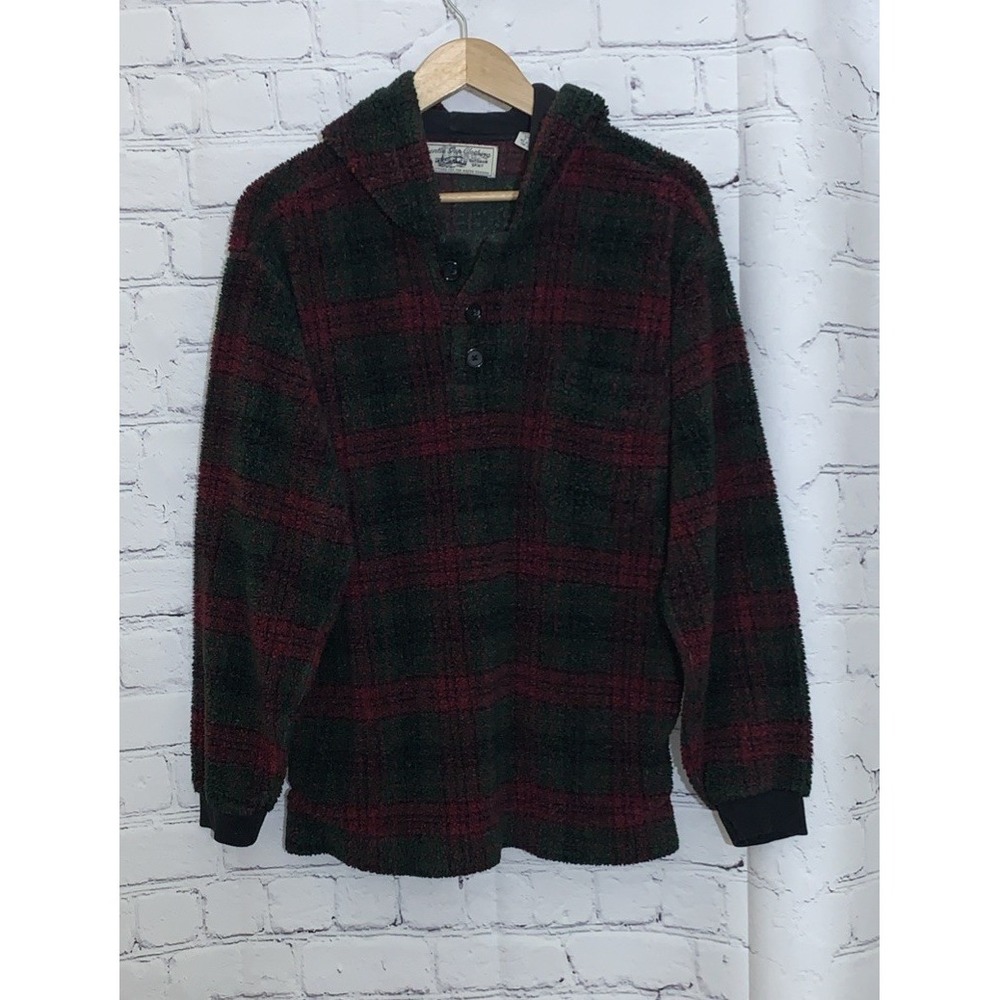 GAP Hoodie Vintage 90s Mens Small Fleece Henley Pullover Green Plaid Pockets